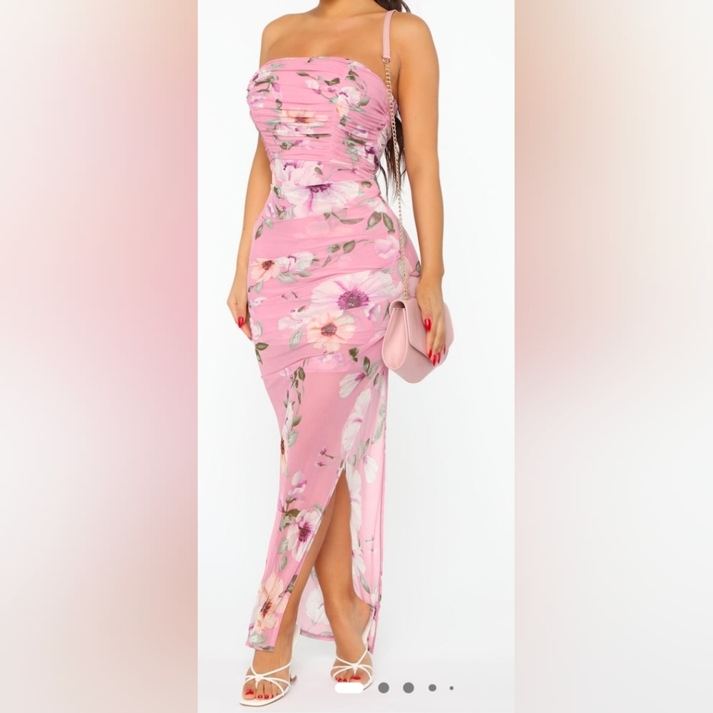 Fashion Nova Pink Floral Strapless Dress